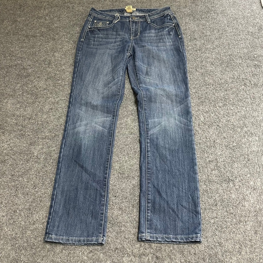 Earl Jean Jeans Womens Size 6 Blue Embroidered Rhinestone Straight Leg Stretch